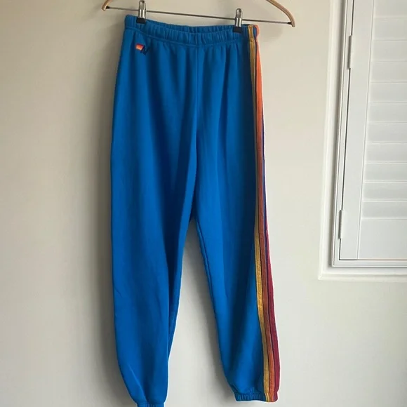 AVIATOR NATION 5 STRIPE SWEATPANTS IN OCEAN BLUE HIGH WAISTED SIZE MEDIUM - Picture 1 of 7